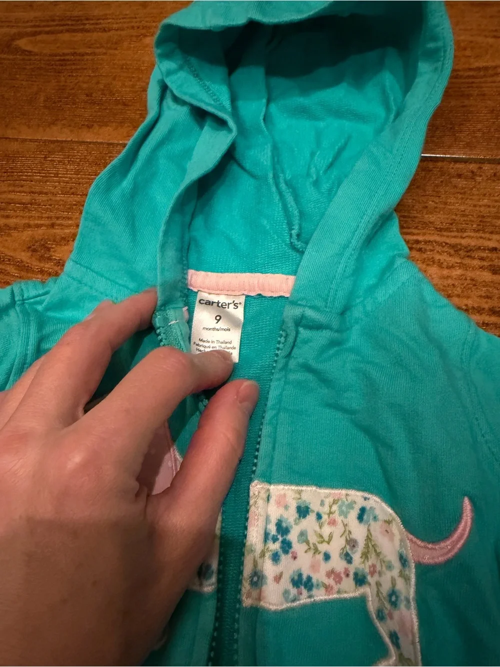Kids Teal Hooded Zip-Up Sweatshirt with Dachshund Applique Carters brand 9 mo